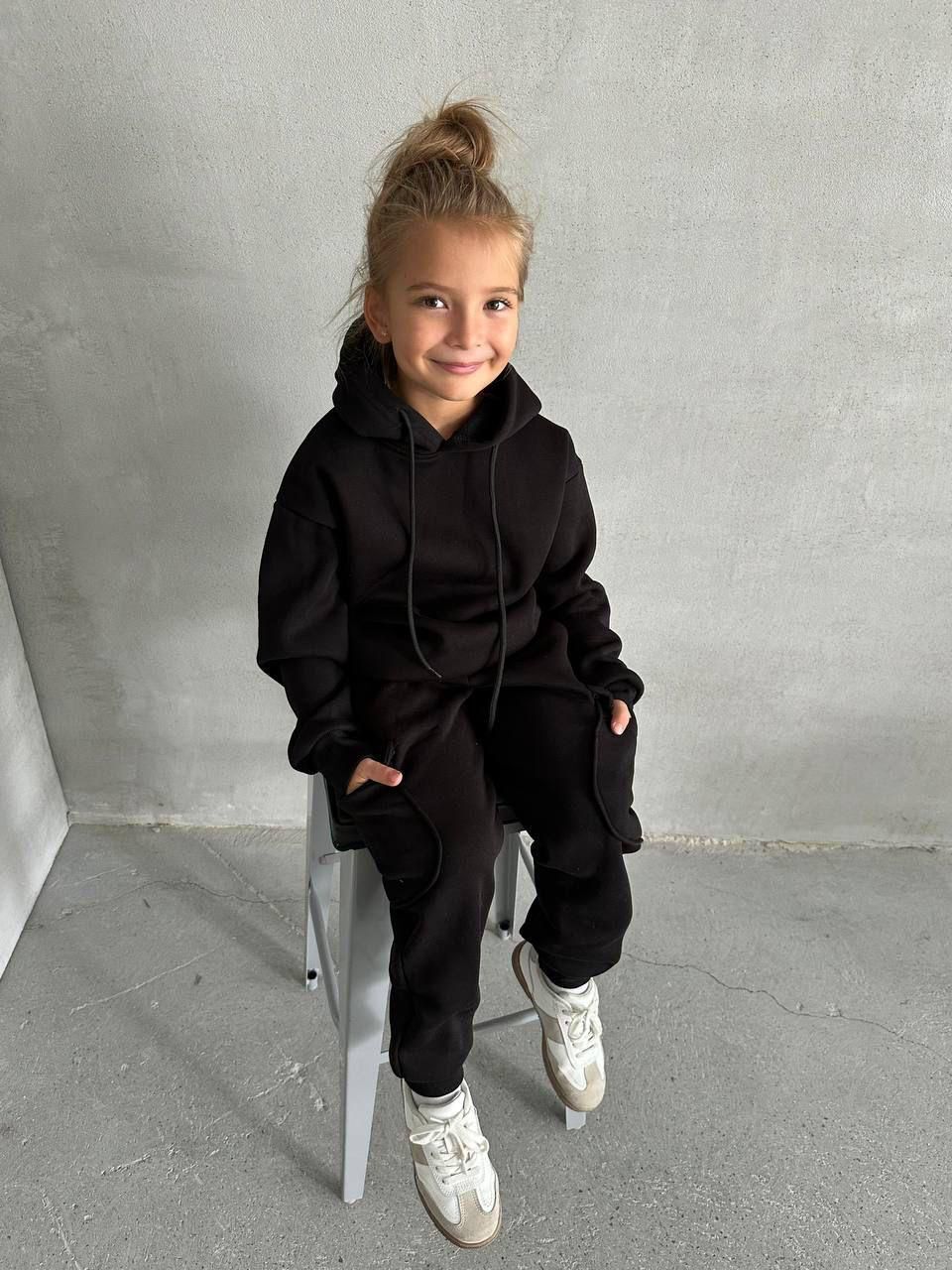 Kız Çocuk Siyah Cepli Kapşonlu Şardonlu Takım