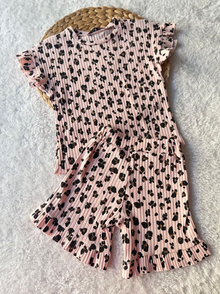 Kız Çocuk Pembe Leopar Baskılı Şort Takım
