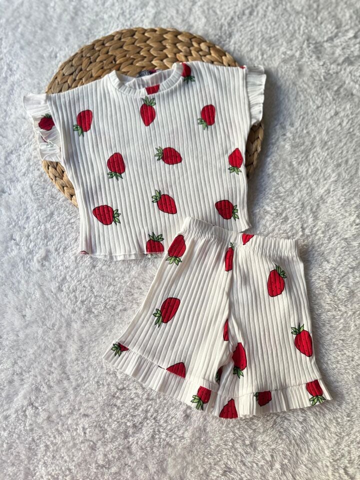 Kız Çocuk Beyaz Çilek Baskılı Bebe Şort Takım (6-E) 2/3