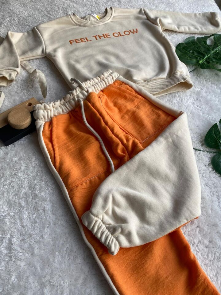 Feel The Glow Baskılı Turuncu-Krem Eşofman Takımı Unisex