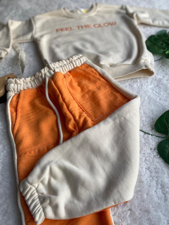 Feel The Glow Baskılı Turuncu-Krem Eşofman Takımı Unisex