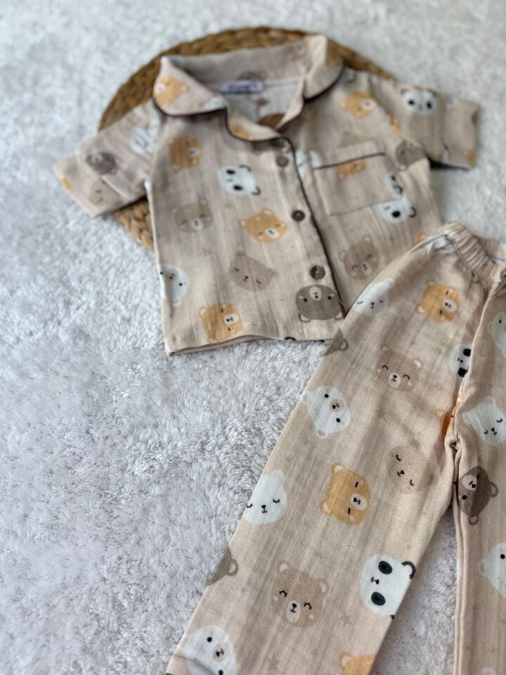 Unisex Sarı Ayıcıklı Pijama Takımık  (4-C)
