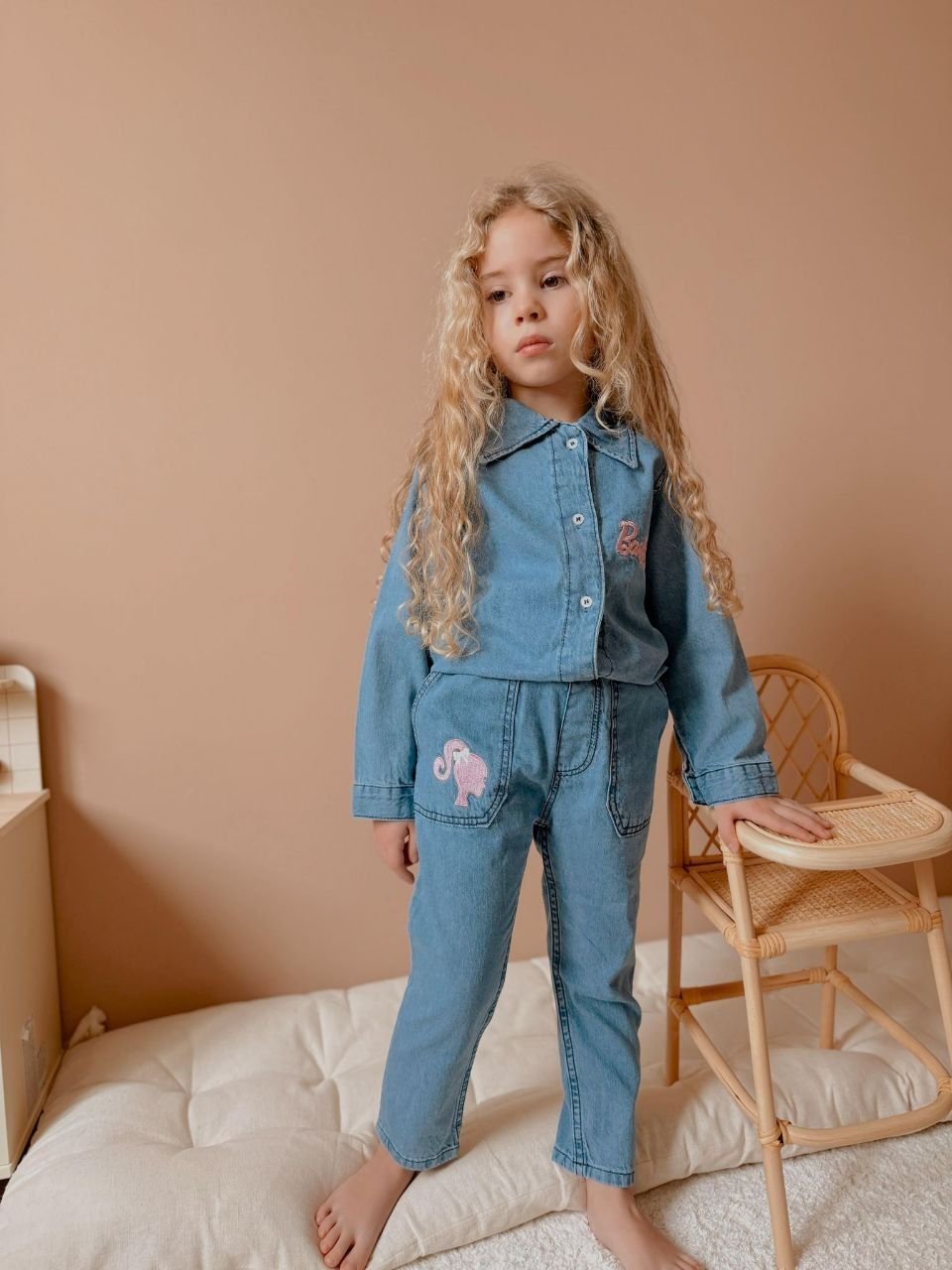 Barbie Nakış İşleme Kot Gömlek Pantolon Takım