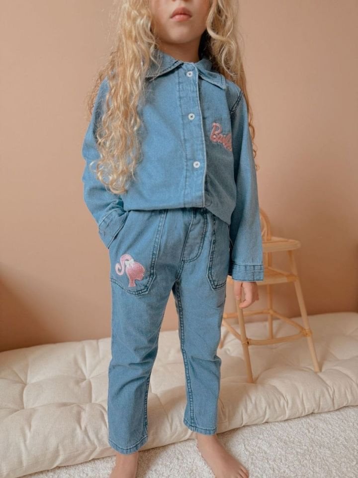 Barbie Nakış İşleme Kot Gömlek Pantolon Takım