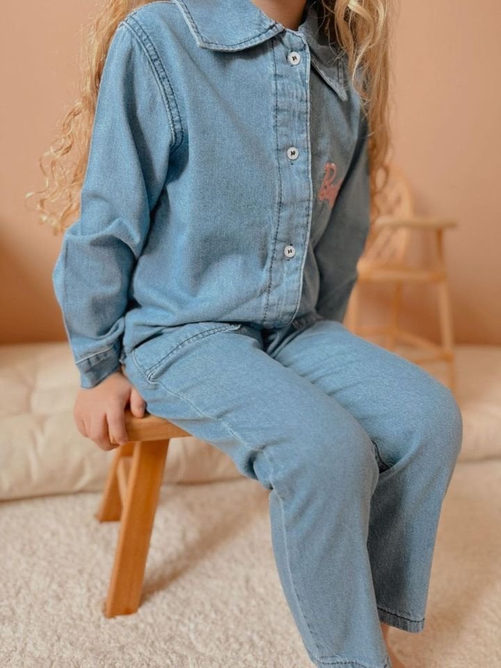 Barbie Nakış İşleme Kot Gömlek Pantolon Takım