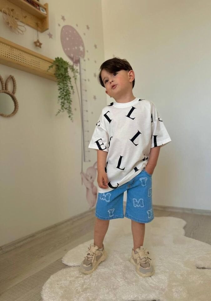 Harf Baskılı Tişört Nakış İşleme Kot Takım Erkek Çocuk