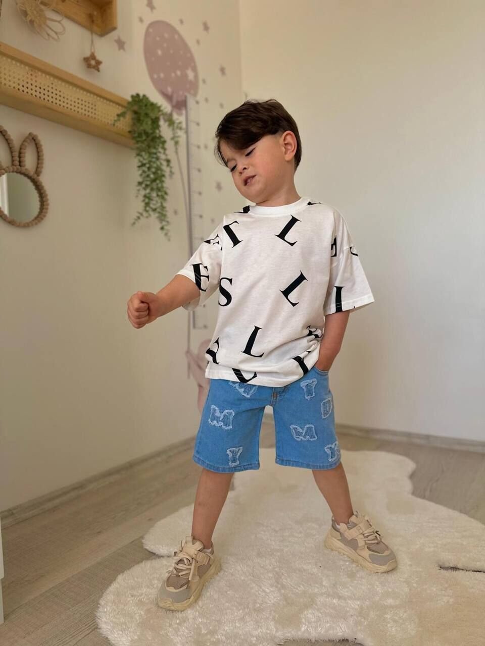 Harf Baskılı Tişört Nakış İşleme Kot Takım Erkek Çocuk
