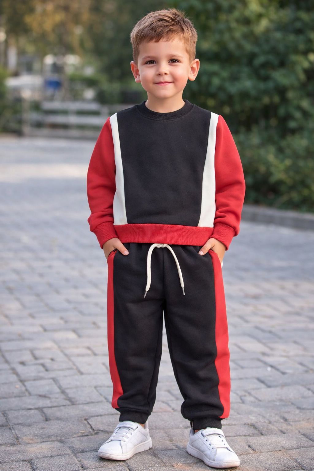 Erkek Çocuk Kırmızı Siyah Beyaz Şardonlu İkili Takım