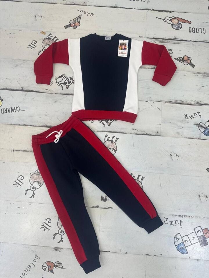 Erkek Çocuk Kırmızı Siyah Beyaz Şardonlu İkili Takım