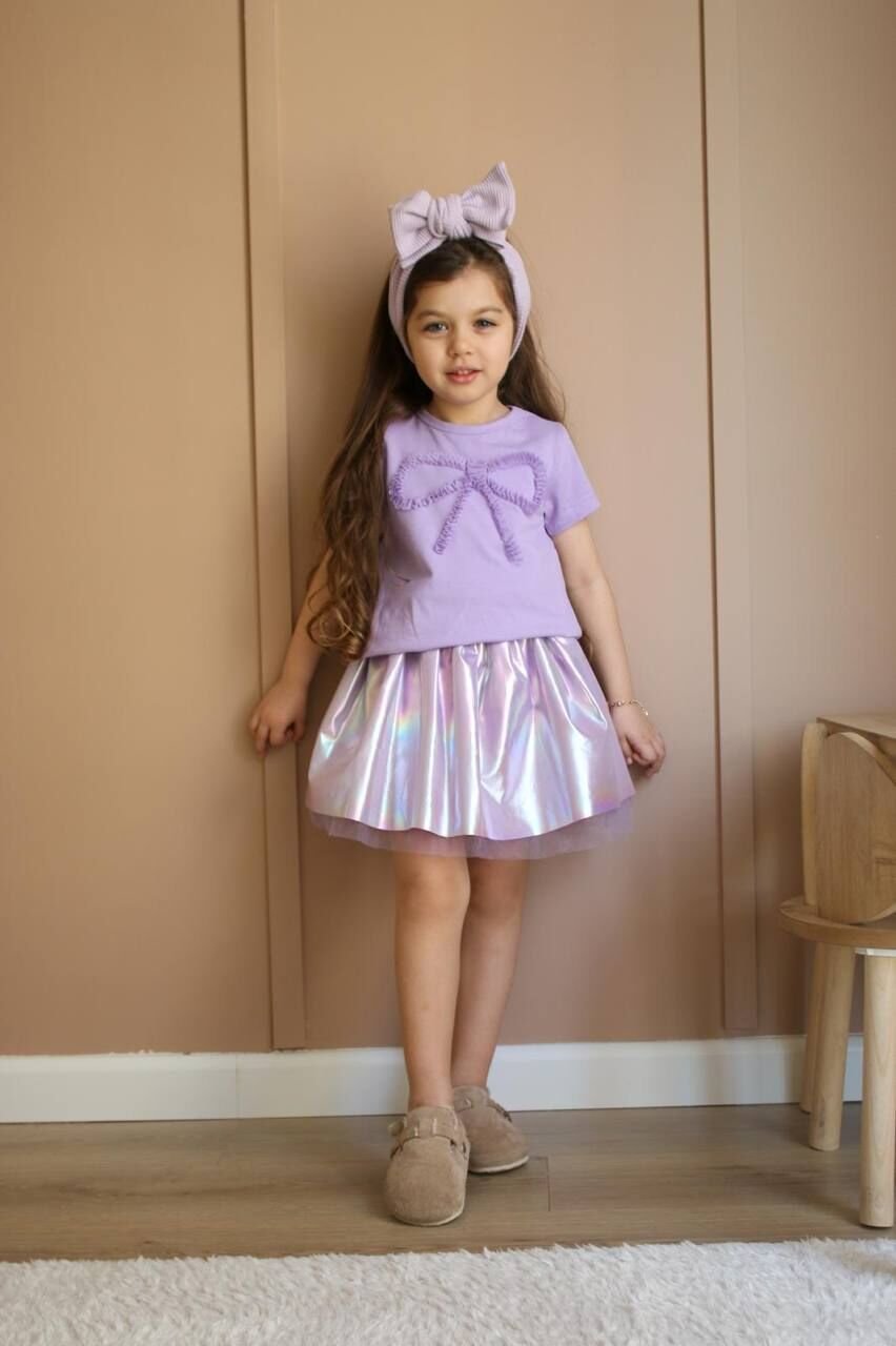 Lila Fiyonk Detay Parlak Etek Takım