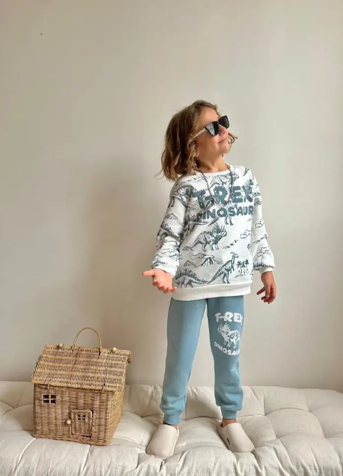 Erkek Çocuk T-rex Dinazor Baskılı  Şardonlu İkili Takım