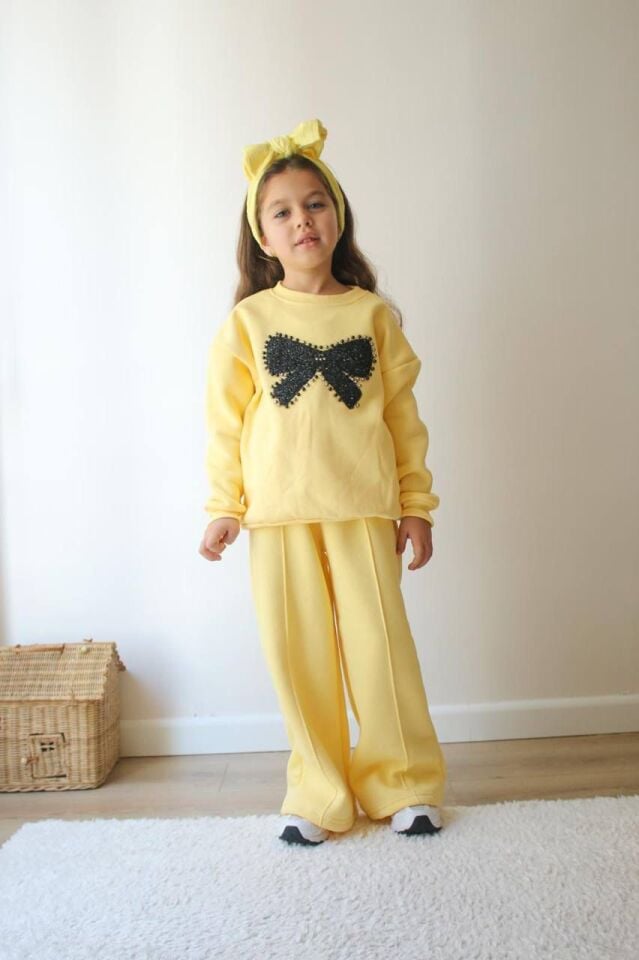 Kız Çocuk Kurdale Detaylı Şardonlu İkili Takım