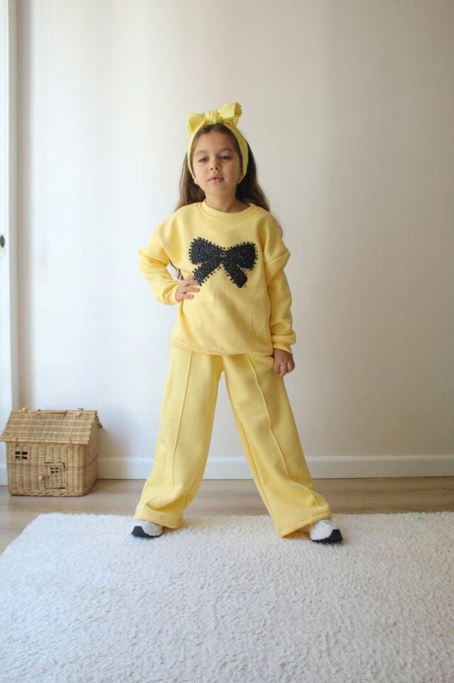 Kız Çocuk Kurdale Detaylı Şardonlu İkili Takım