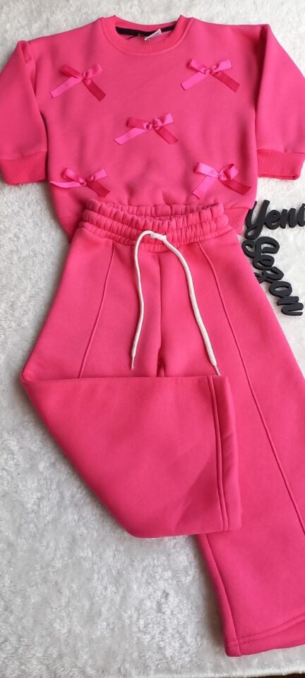 Kız Çocuk Fiyonk Detaylı Şardonlu Fuşya İkili Takım