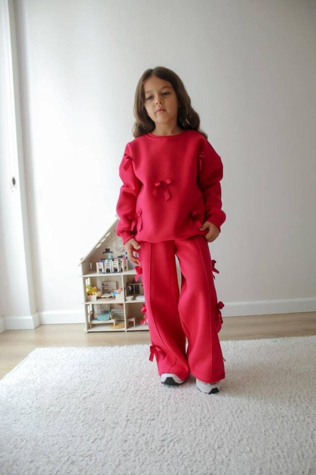 Kız Çocuk Fiyonk Detaylı Şardonlu Fuşya İkili Takım