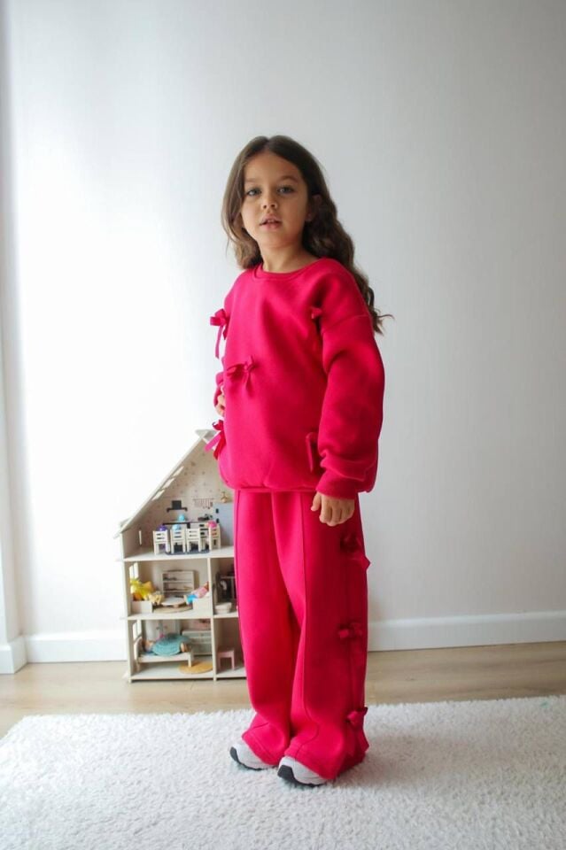 Kız Çocuk Fiyonk Detaylı Şardonlu Fuşya İkili Takım