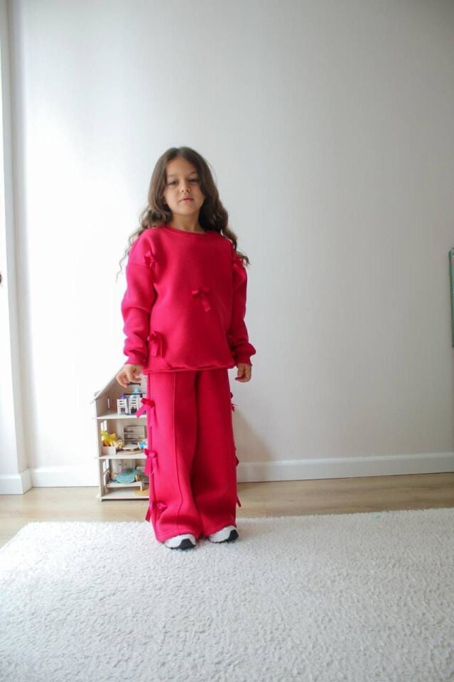 Kız Çocuk Fiyonk Detaylı Şardonlu Fuşya İkili Takım