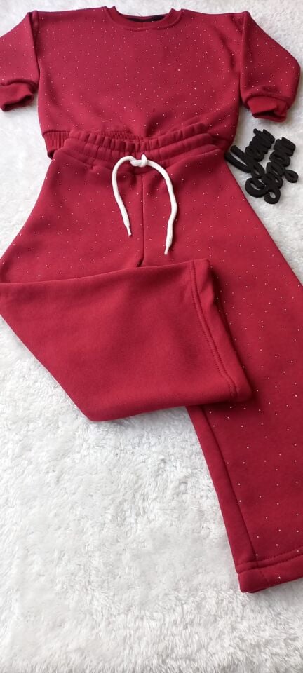 Kız Çocuk Taş Detaylı Şardonlu Bordo İkili Takım