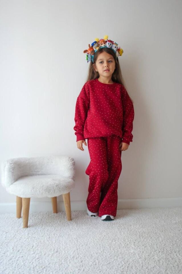 Kız Çocuk Taş Detaylı Şardonlu Bordo İkili Takım