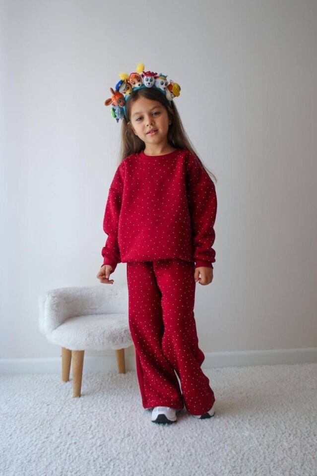 Kız Çocuk Taş Detaylı Şardonlu Bordo İkili Takım