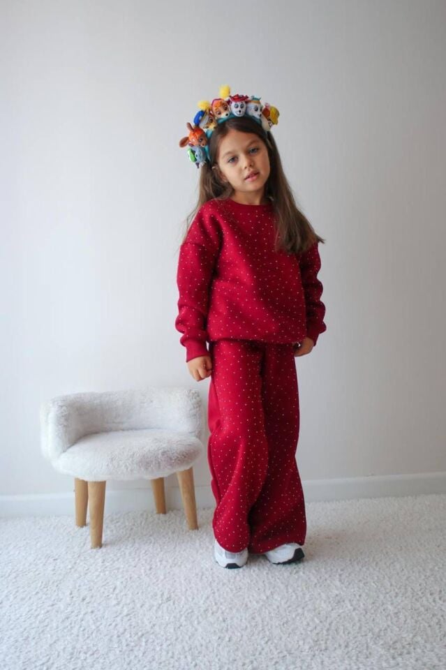 Kız Çocuk Taş Detaylı Şardonlu Bordo İkili Takım