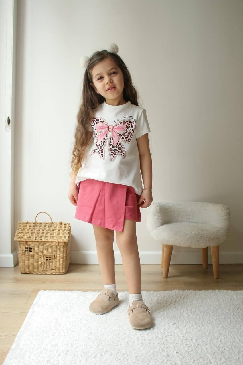 Pembe Leoparlı Fiyonk Baskılı Bluz Etek Şort Takım