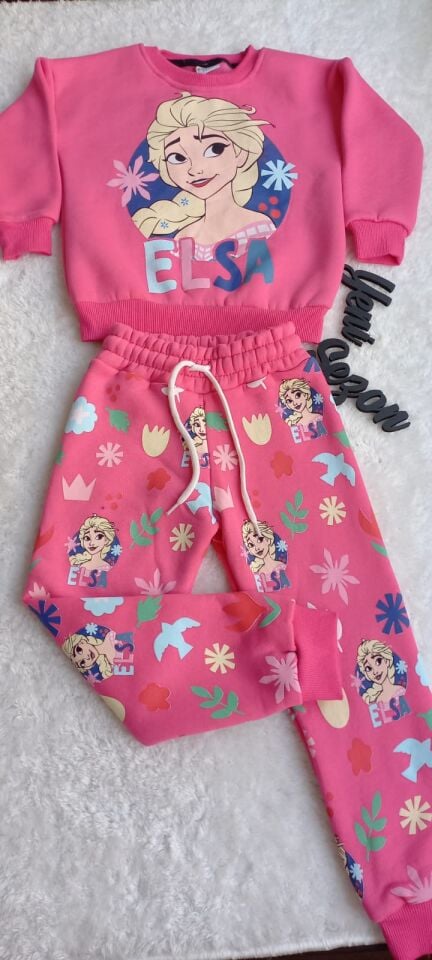 Kız Çocuk Elsa Baskılı Şardonlu Pembe İkili Takım