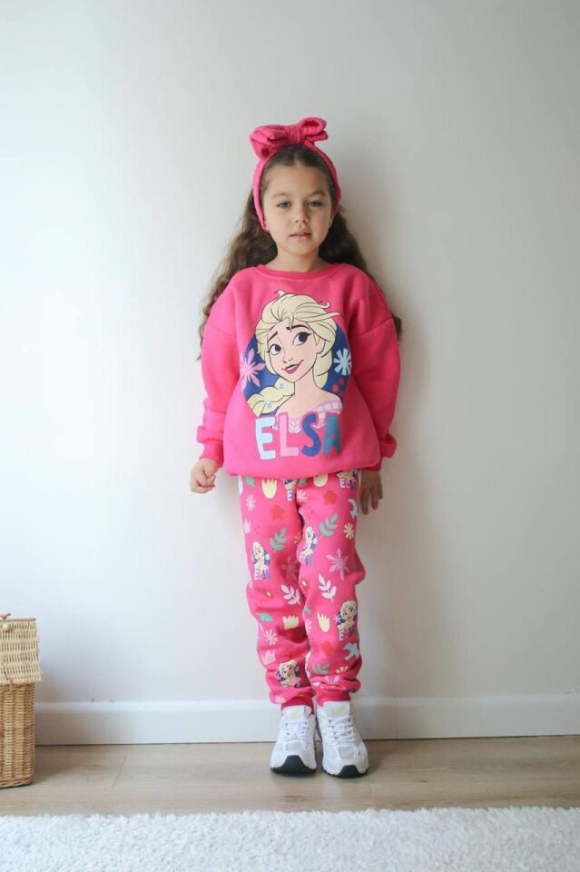 Kız Çocuk Elsa Baskılı Şardonlu Pembe İkili Takım