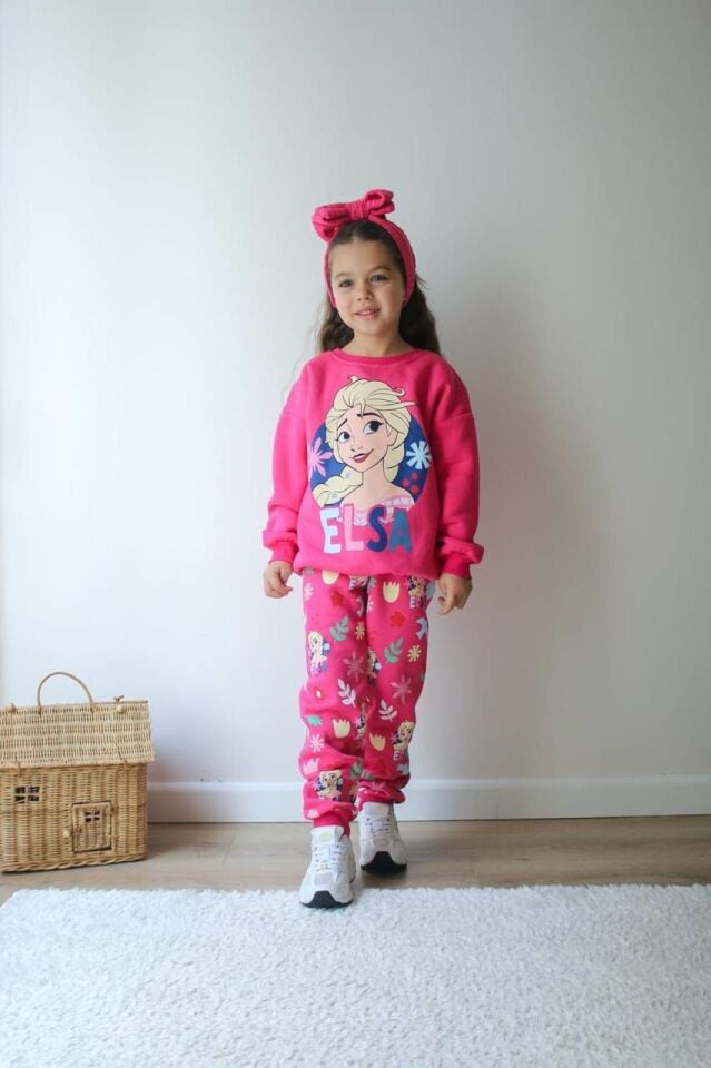 Kız Çocuk Elsa Baskılı Şardonlu Pembe İkili Takım