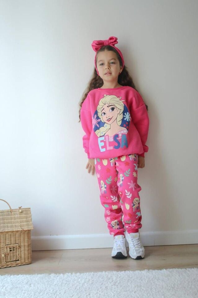 Kız Çocuk Elsa Baskılı Şardonlu Pembe İkili Takım