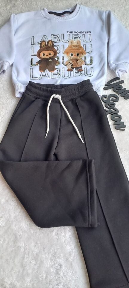 Kız Çocuk Labubu Baskılı Şardonlu Siyah Beyaz İkili Takım