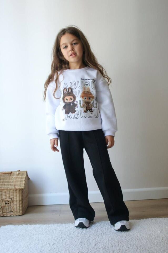 Kız Çocuk Labubu Baskılı Şardonlu Siyah Beyaz İkili Takım