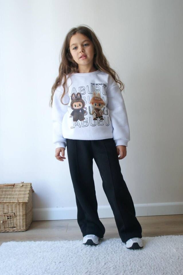 Kız Çocuk Labubu Baskılı Şardonlu Siyah Beyaz İkili Takım