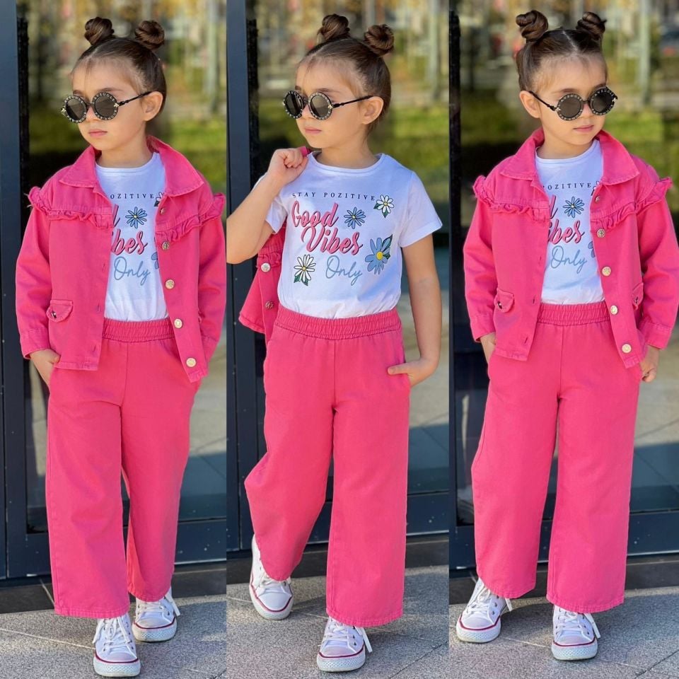 Pembe Fırfır Kot Ceketli 3 Lü Takım
