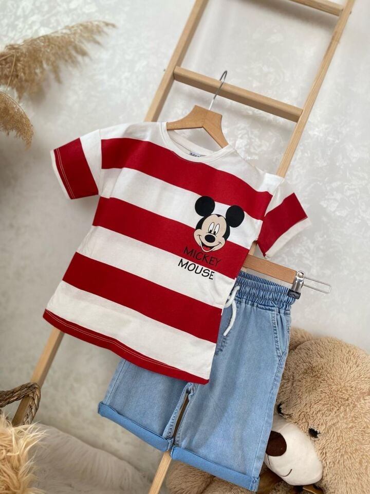 Kırmızı Çizgili Mickey Mouse Şort Takım
