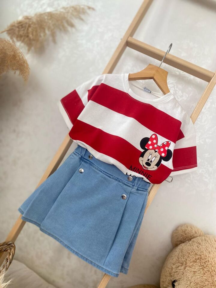 Kırmızı Çizgili Minnie Mouse Şort Etek Takım