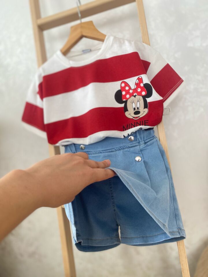 Kırmızı Çizgili Minnie Mouse Şort Etek Takım