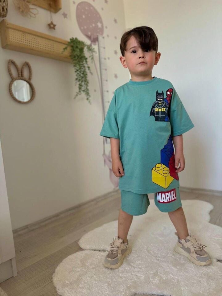 Erkek Çocuk Yeşil Batman Örümcek Adam Legolu Baskılı İkili Takım  (2-D)