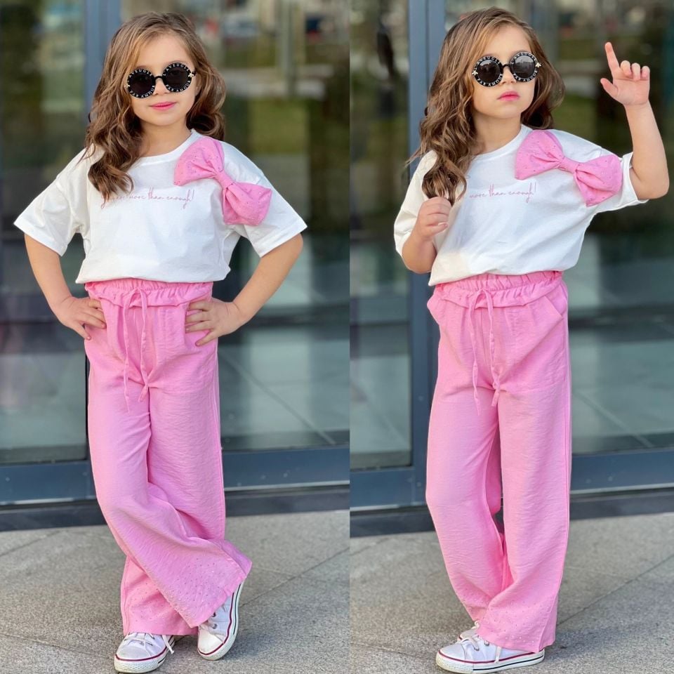 Pembe Taşlı Bluz Pantolon İkili Takım