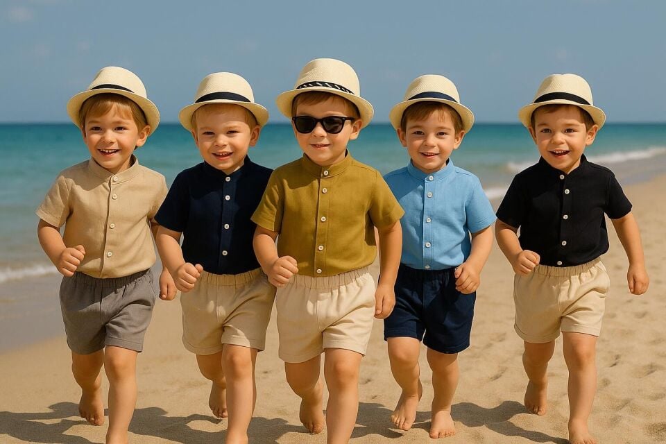 Bej Gömlek Siyah Şort Hasır Şapkalı Erkek Çocuk Takım (1-D)