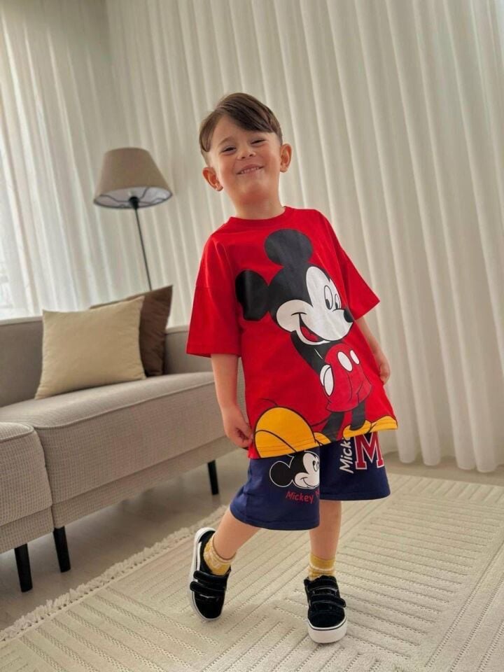 Erkek Çocuk Büyük Mickey Baskılı Kırmızı İkili Takım  (2-F)
