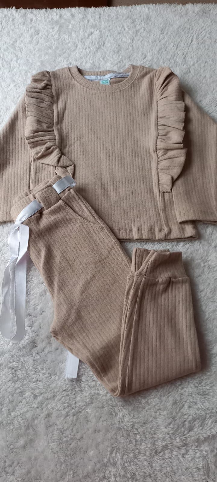 Kız Çocuk Fitilli Kurdela Kemerli Bej Takım