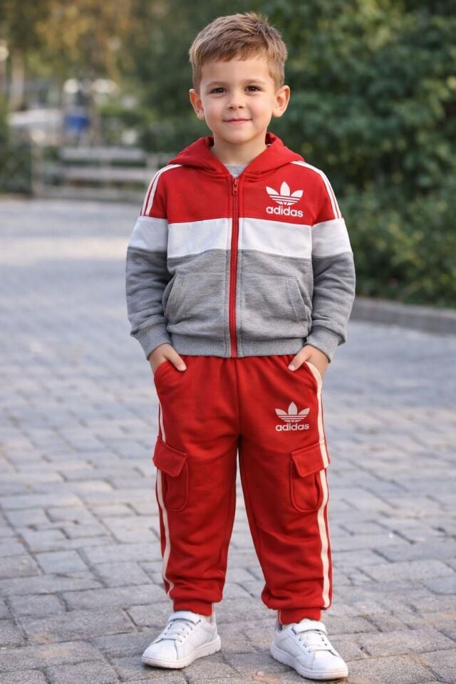 Adidas Kapşonlu Alt Kırmızı Beyaz Şeritli Takım