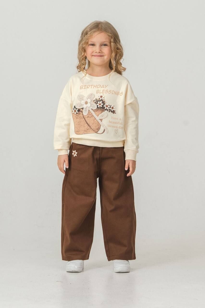 Bej Papatya Desenli Üst - Alt Kahve Gabardin Likralı PantalonTakım