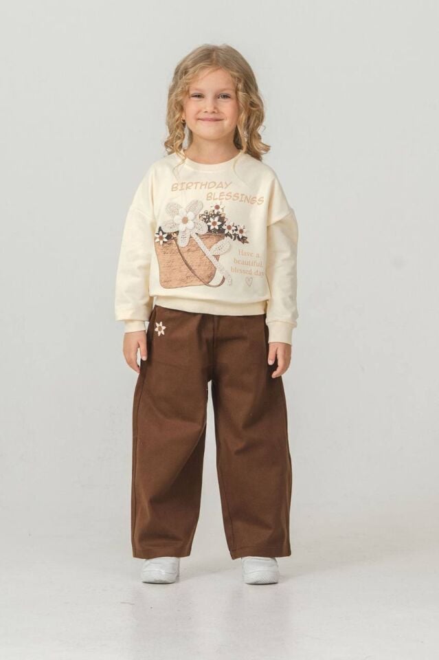 Bej Papatya Desenli Üst - Alt Kahve Gabardin Likralı PantalonTakım