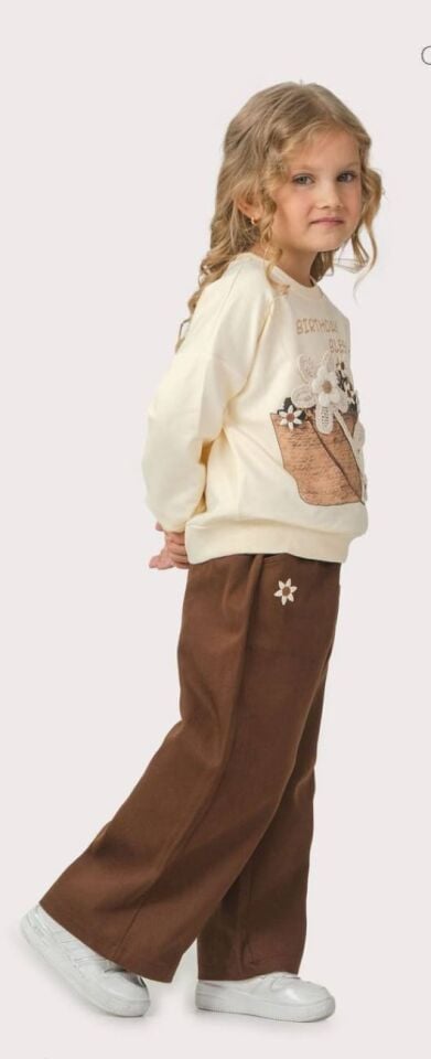 Bej Papatya Desenli Üst - Alt Kahve Gabardin Likralı PantalonTakım