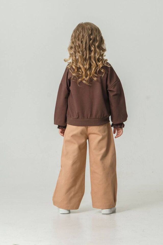 Kahve Kolu Büzgülü Papatyalı Üst - Alt Tarçın Gabardin Likralı PantalonTakım