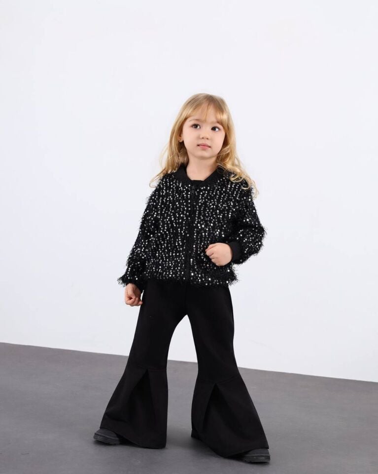 Siyah Sakallı Payetli Hırka-İspanyol Paça Pantolon Üçlü Takım