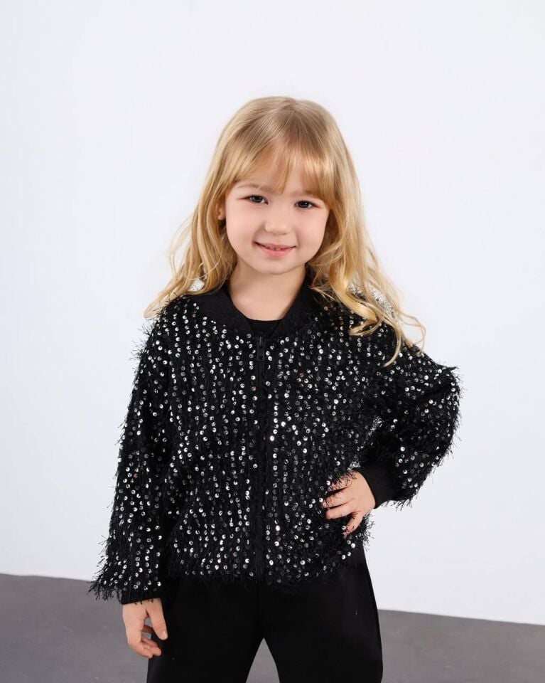 Siyah Sakallı Payetli Hırka-İspanyol Paça Pantolon Üçlü Takım