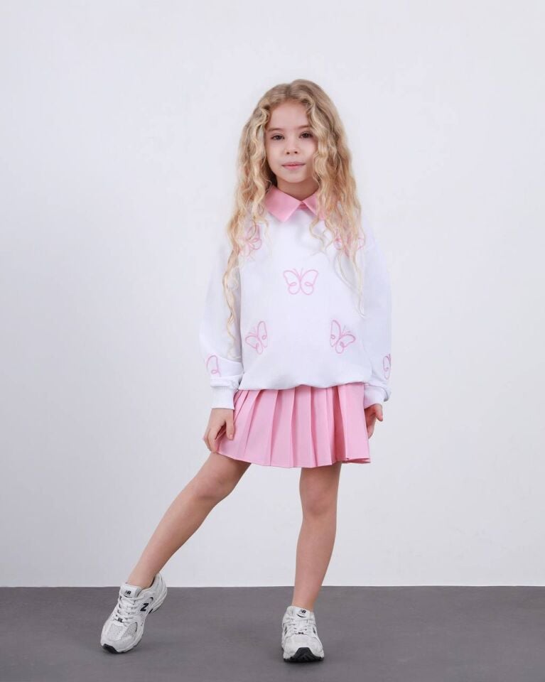 Beyaz Pembe Kelebek Desenli Üst-Pembe Pileli Etekli Takım